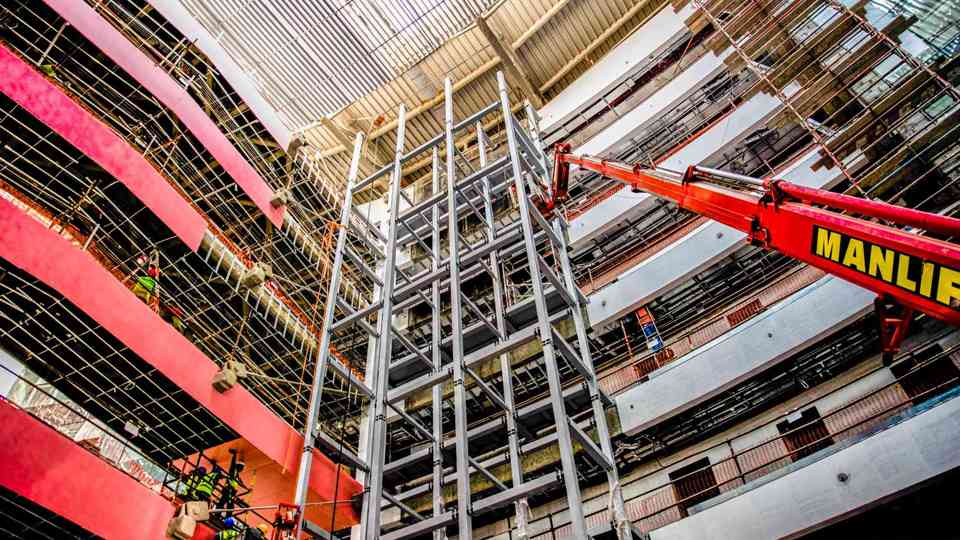 Panoramic elevators being installed on the Jafza one new Landmark Group headquarters
